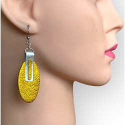 Bijoux - Boucles d'oreilles en cuir jaune et doré ovales - Créations artisanales en Limousin