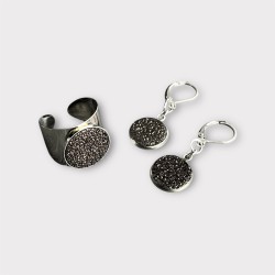 Ensemble bauge et boucles d'oreilles en cuir noir et acier inoxydable