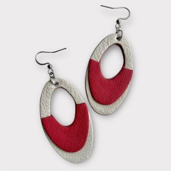 Bijou boucles d'oreilles artisanales en cuir ovales rouge et blanc