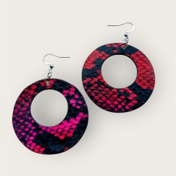 Créoles en cuir noir et rouge aux reflets rose MILA fabriquées en Corrèze à Juillac