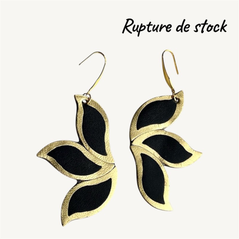Boucles d'oreilles en cuir doré et noir avec mention rupture se stock