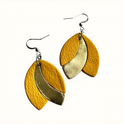 Boucles d'oreilles en cuir jaune et doré faits main