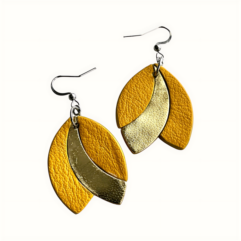 Boucles d'oreilles en cuir jaune et doré faits main