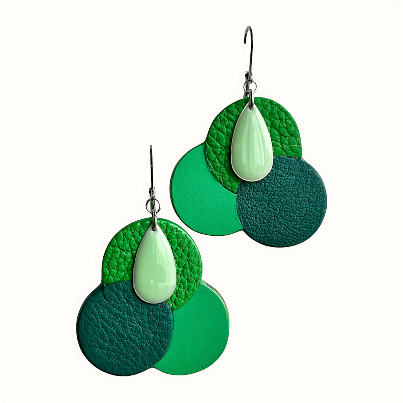 Trois créoles en cuir différents verts crées à Juillac en Limousin