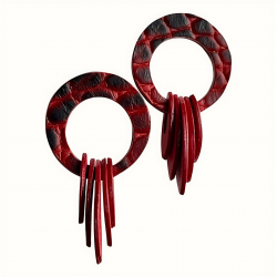 Boucles d'oreilles créoles en cuir rouge effet reptile avec 5 anneaux en cuir rouge