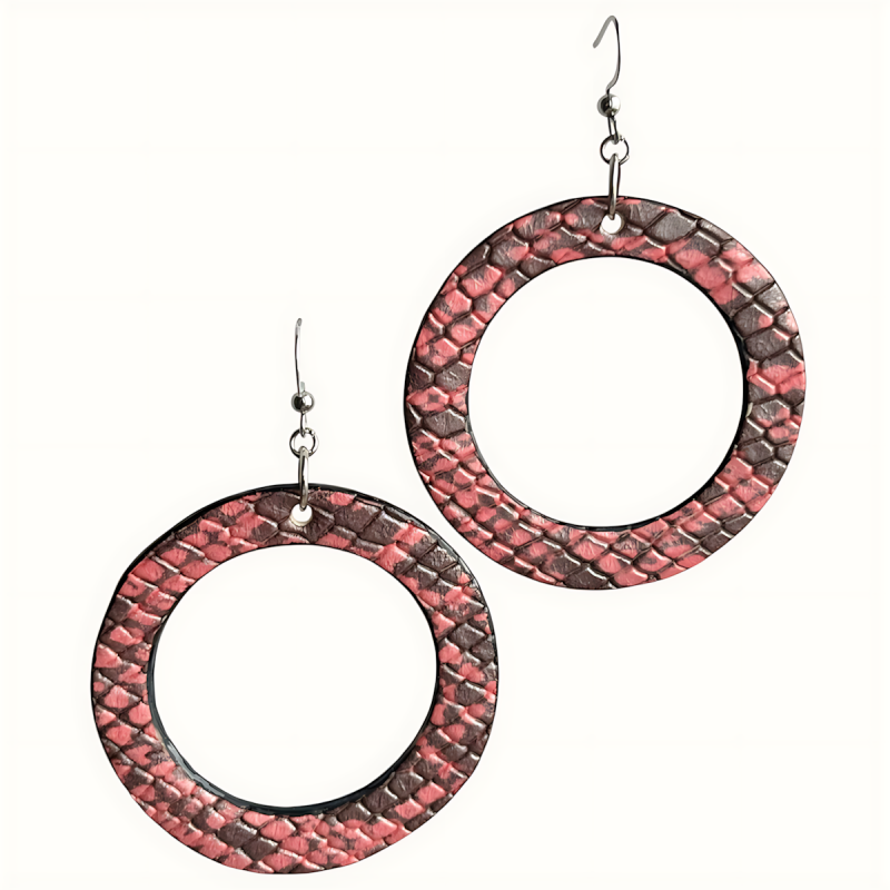 Grandes créoles en cuir rose et noir