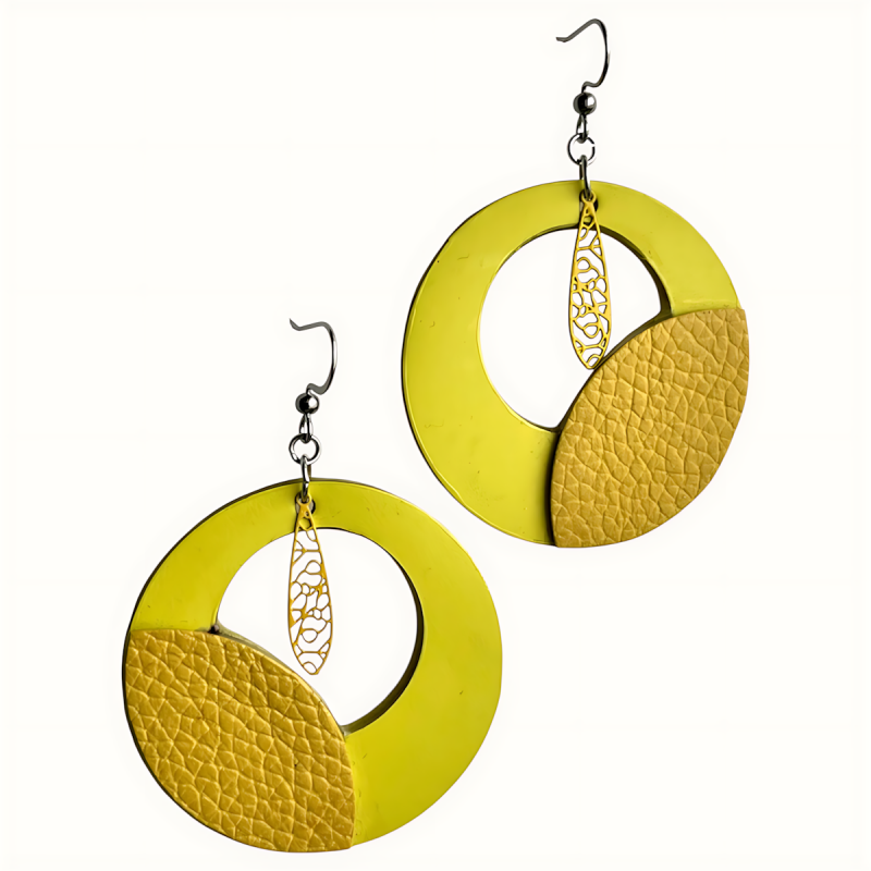 Grandes créoles en cuir jaune