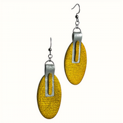 Créoles ovales en cuir jaune et argentées