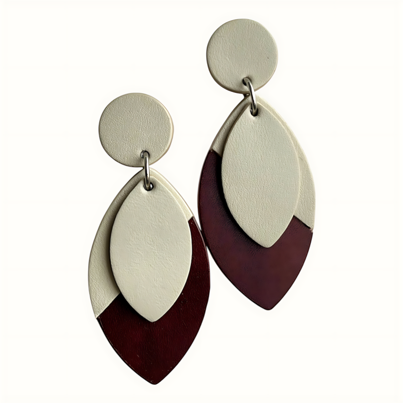 Boucles d'oreilles gouttes en cuir prune et crème