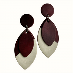 Boucles d'oreilles gouttes en cuir prune et crème