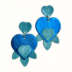 Grandes boucles d'oreilles en cuir 2 tons de bleus en forme de cœurs