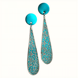 Longues boucles d'oreilles alliant le cuir bleu et l'acier inoxydable en forme de goutte fine