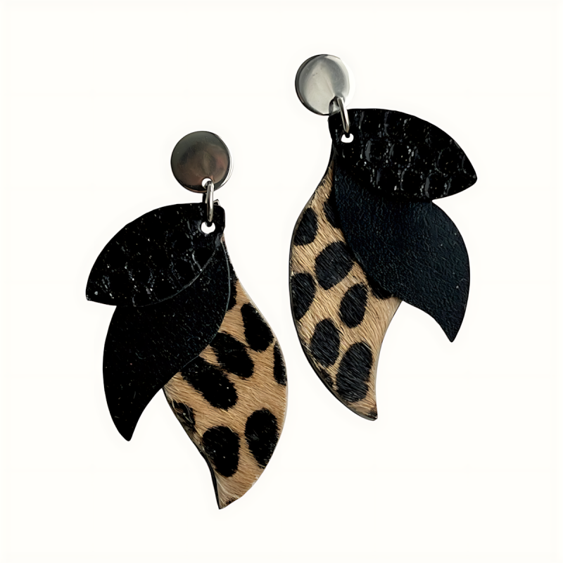 Boucles d'oreilles en cuir noir, noir quadrillé et léopard
