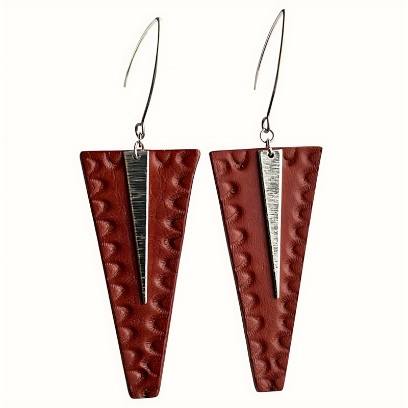 Boucles d'oreilles en cuir véritable marron embossé