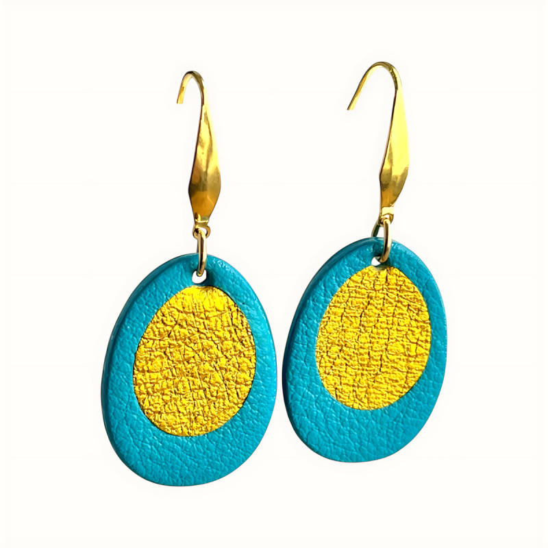 Boucles d'oreilles créoles en cuir bleu ovales avec crochet acier inoxydable doré