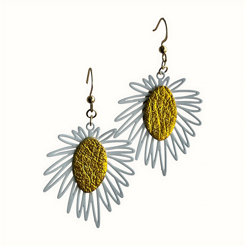 Boucles d'oreilles soleil alliant le cuir jaune et l'acier inoxydable blanc