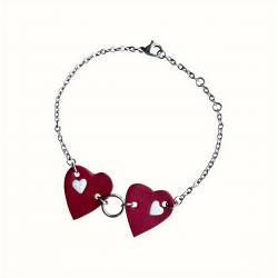 Bracelet en acier inoxydable avec deux cœurs rouge en cuir