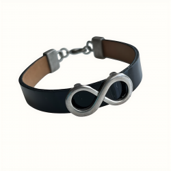 Bracelet en cuir noir avec une perle plate centrale au motif de l'infini