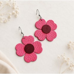 Boucles d'oreilles en cuir rose fleurs