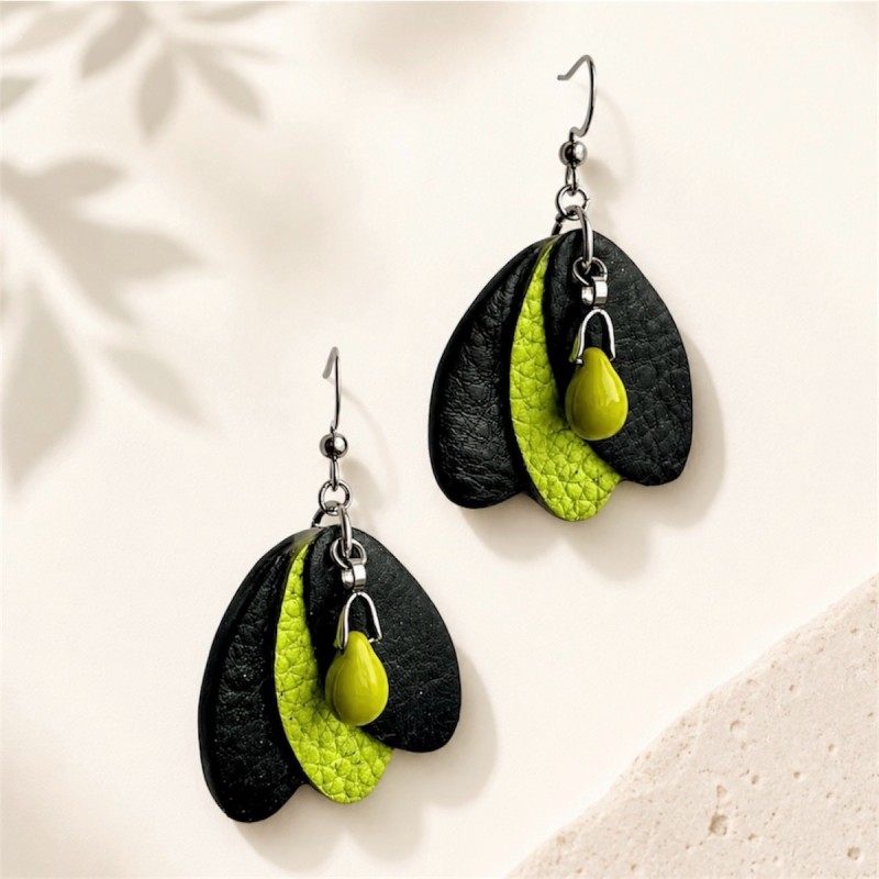 Boucles d'oreilles en cuir vert fluo et noir